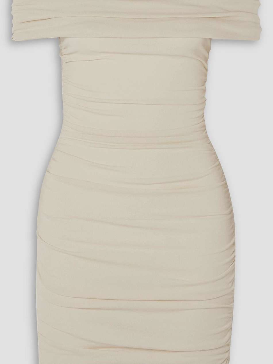 aerica off-the-shoulder ruched stretch-jersey mini dress