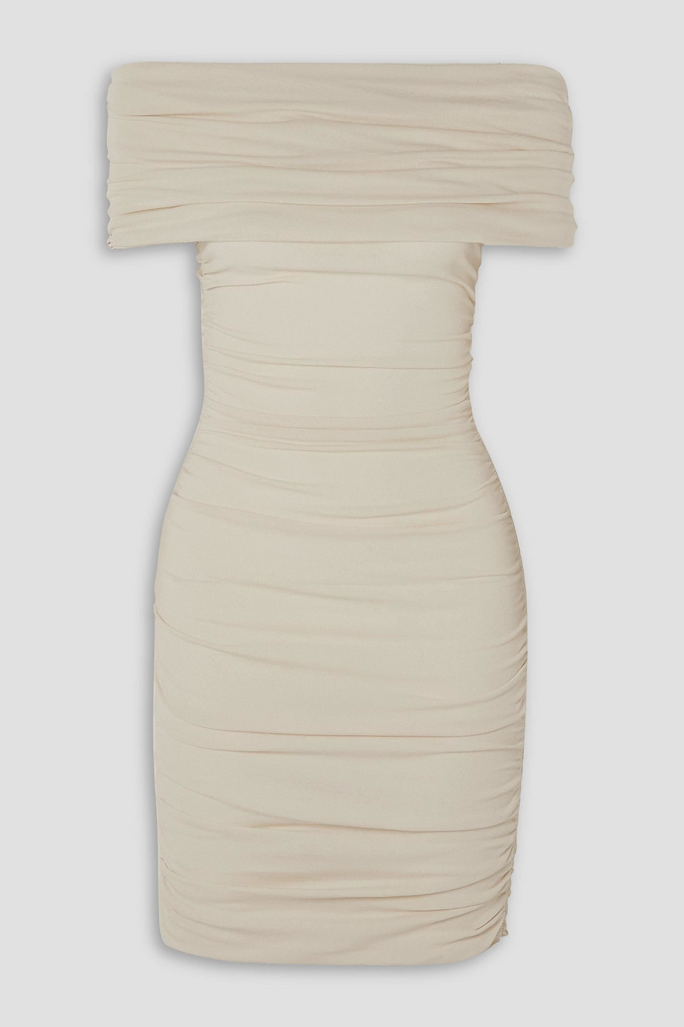 Khaite Aerica Off-the-shoulder Ruched Stretch-jersey Mini Dress In Ecru