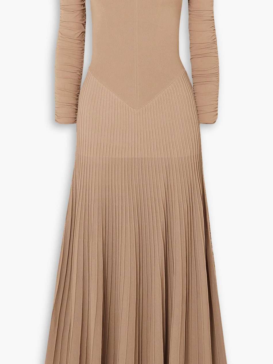 rebecca off-the-shoulder ruched pleated stretch-knit maxi dress