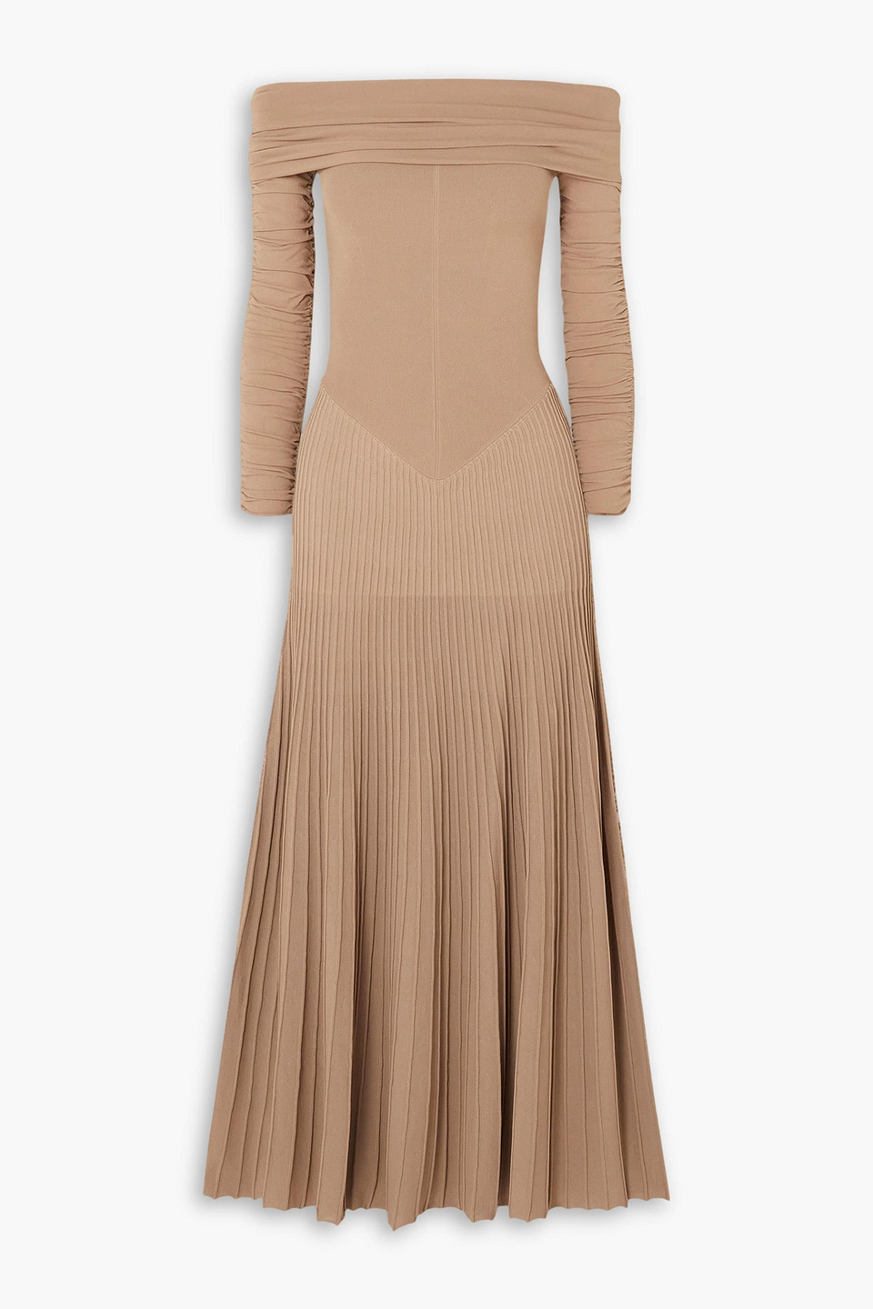 Khaite Rebecca Pleated Off-the-shoulder Dress In Light Brown