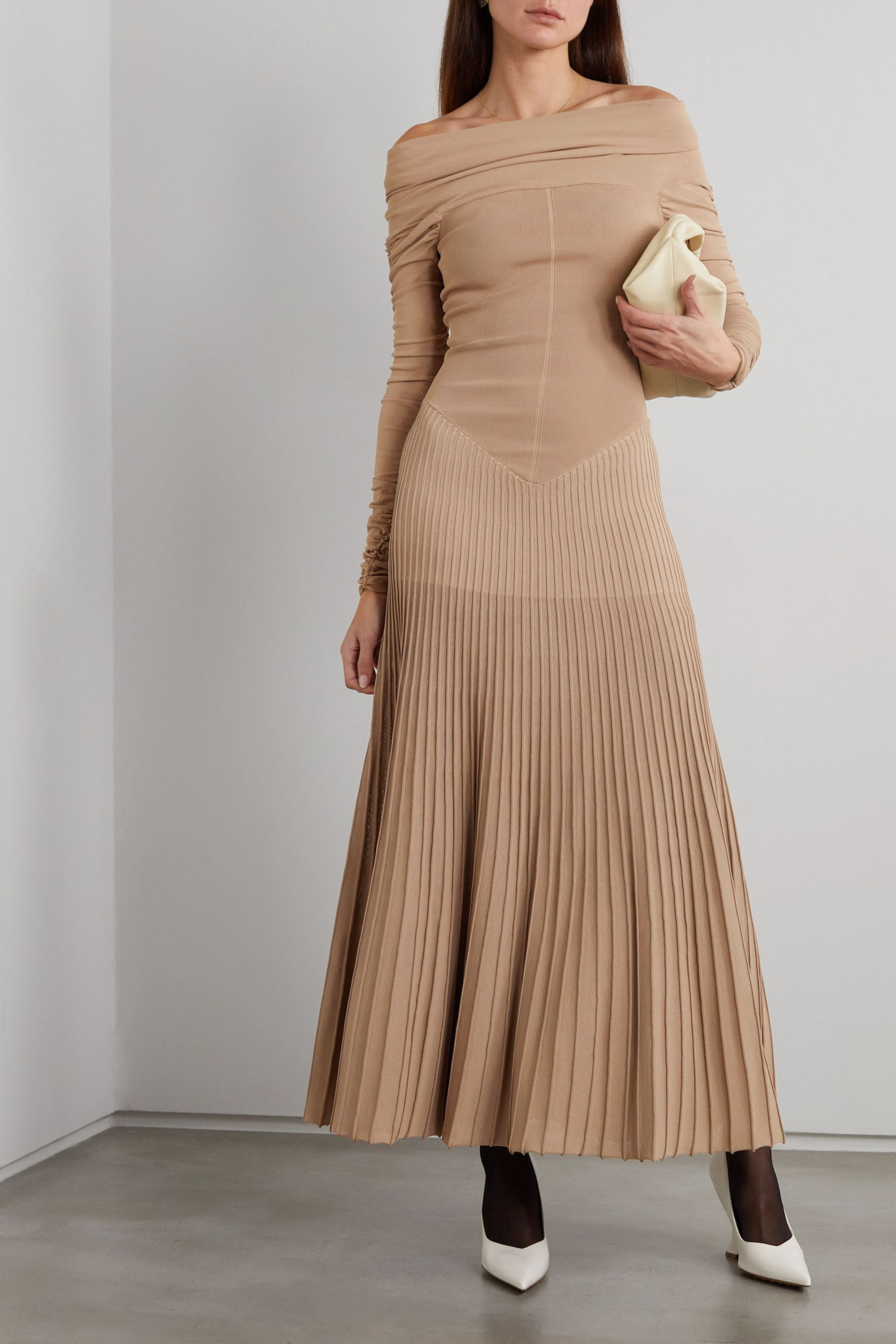 KHAITE Rebecca off-the-shoulder ruched pleated stretch-knit maxi dress