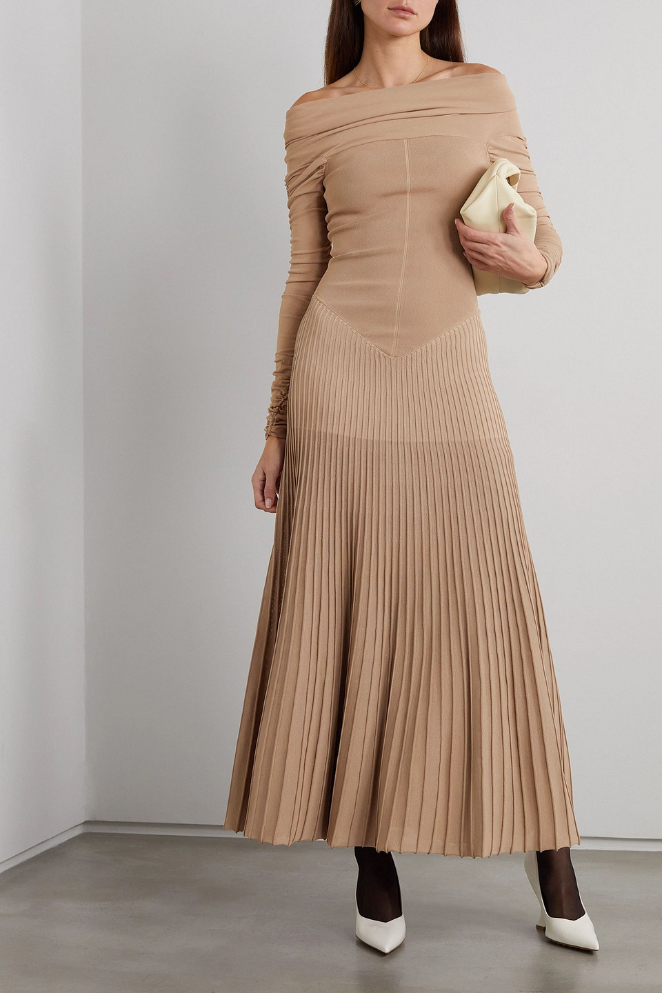 Khaite Rebecca Pleated Off-the-shoulder Dress In Light Brown