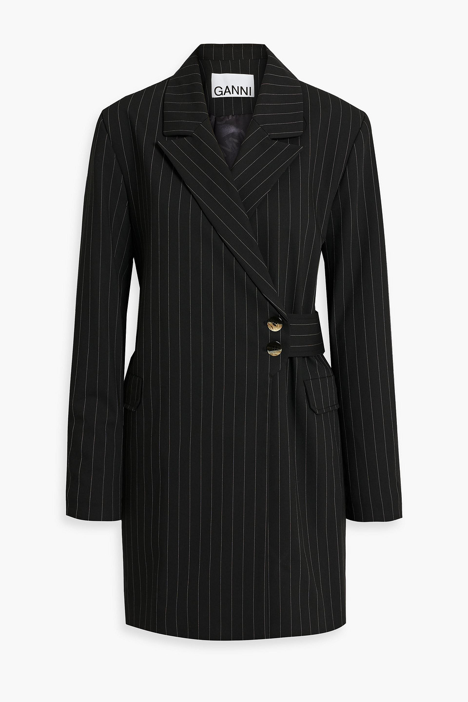 Ganni Double-breasted Pinstriped Twill Coat In Black