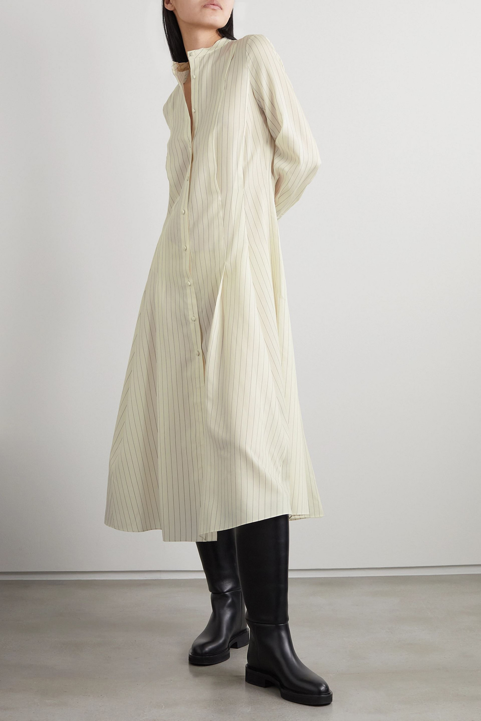 KHAITE Waylon oversized pleated striped wool, silk and cotton-blend shirt dress