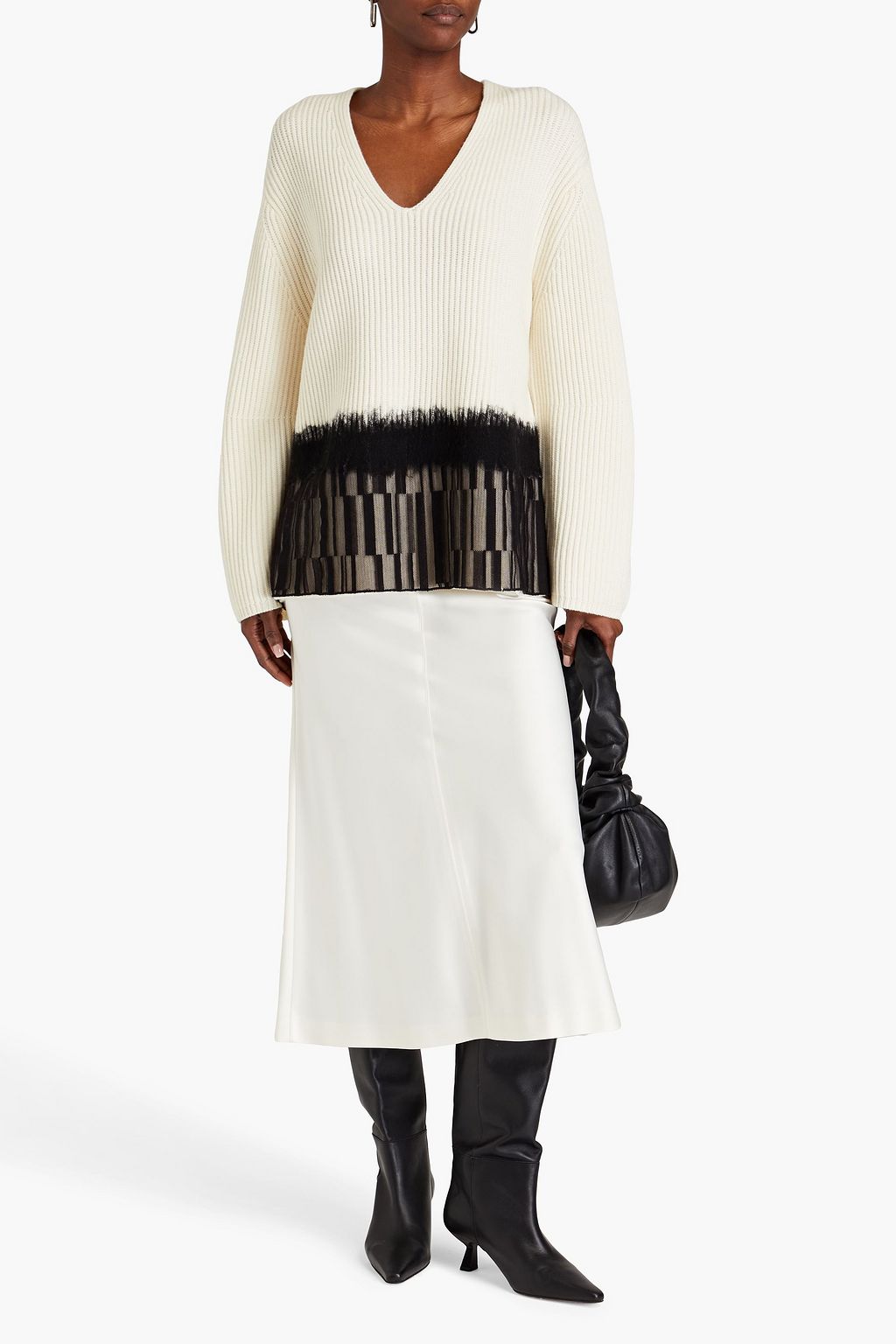 JOSEPH Lace-paneled ribbed wool sweater