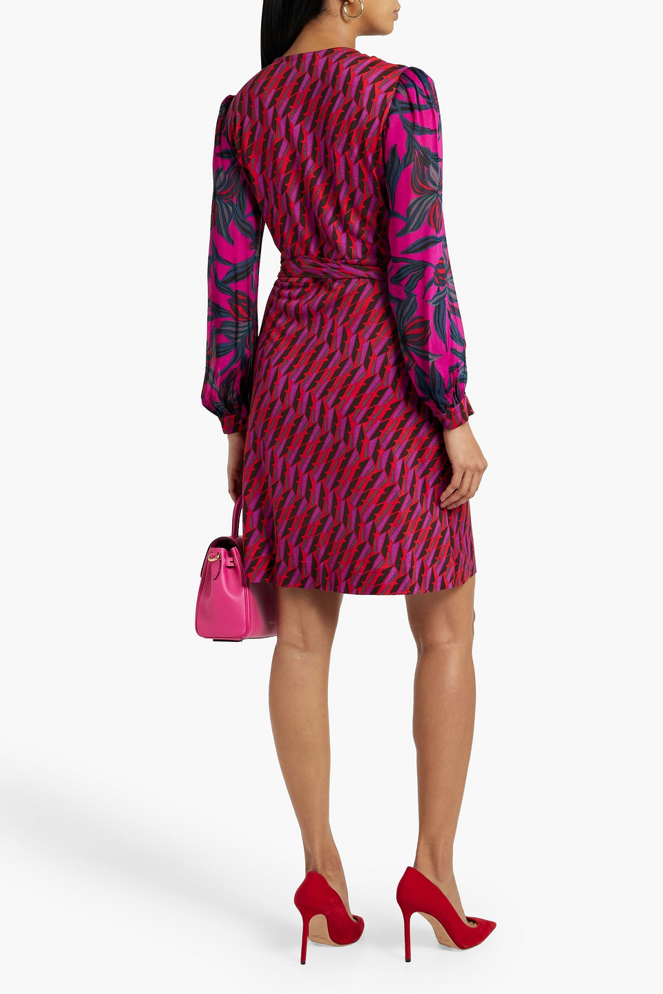 Shop Diane Von Furstenberg Gala Chiffon-paneled Printed Cady Mini Wrap Dress In Magenta