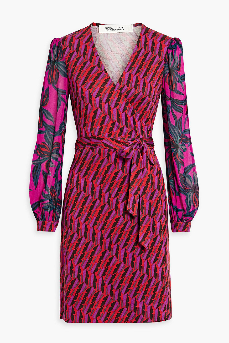 Diane Von Furstenberg Gala Chiffon-paneled Printed Cady Mini Wrap Dress In Magenta