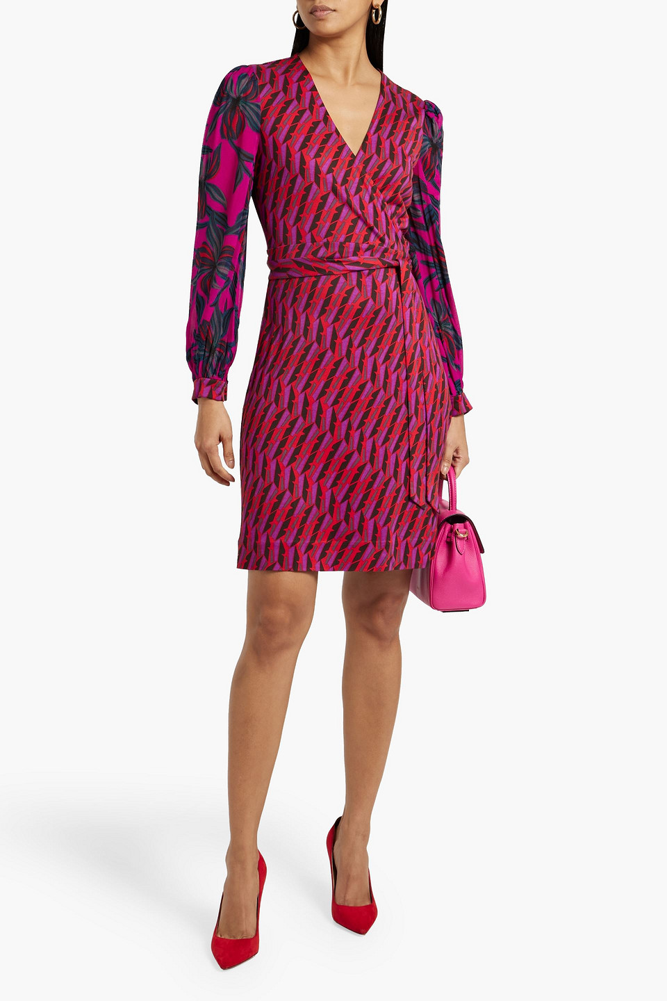 Shop Diane Von Furstenberg Gala Chiffon-paneled Printed Cady Mini Wrap Dress In Magenta