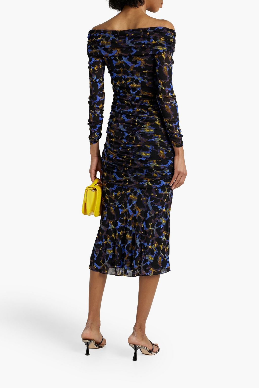 DIANE VON FURSTENBERG ストレッチメッシュ ミディワンピース ルーシュ&プリント入り