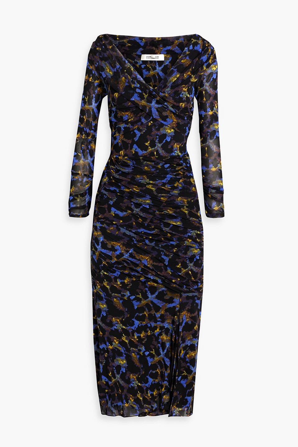 Diane von Furstenberg - Ganesa off-the-shoulder ruched leopard-print stretch-mesh midi dress - Black - L