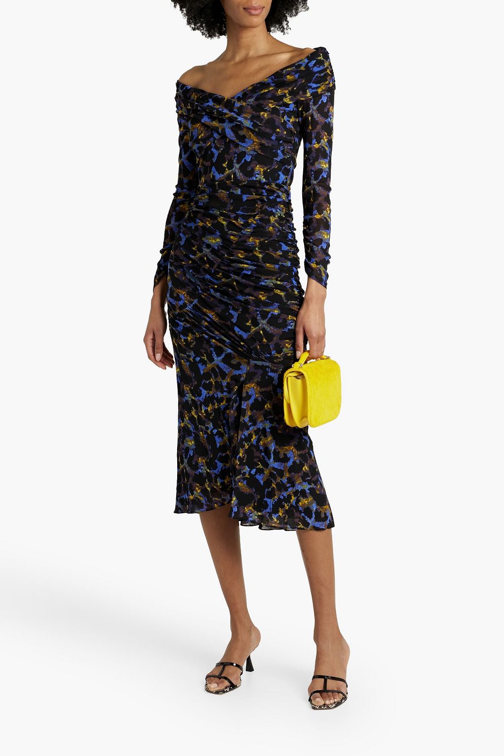 DIANE VON FURSTENBERG ストレッチメッシュ ミディワンピース ルーシュ&プリント入り