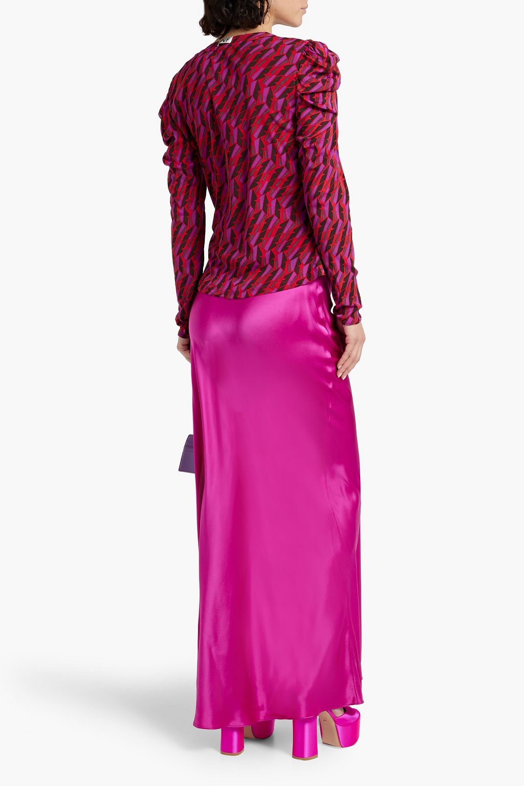 DIANE VON FURSTENBERG 리버서블 루쉬 장식 프린트 스트레치 메쉬 블라우스