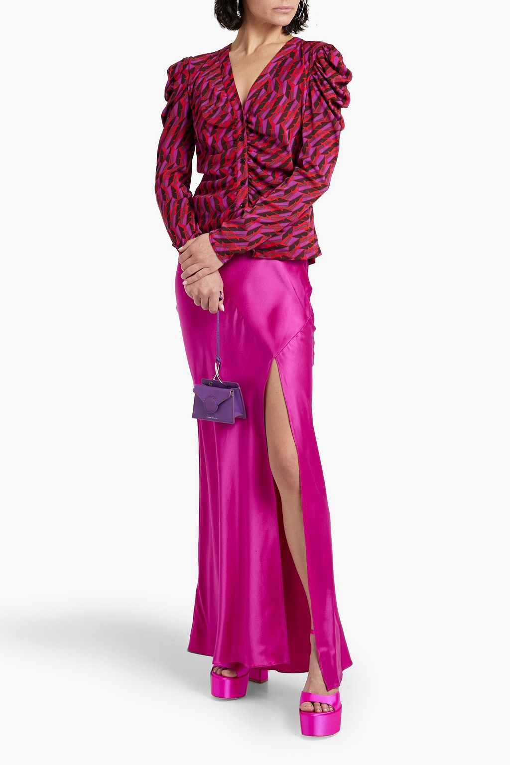 DIANE VON FURSTENBERG 리버서블 루쉬 장식 프린트 스트레치 메쉬 블라우스