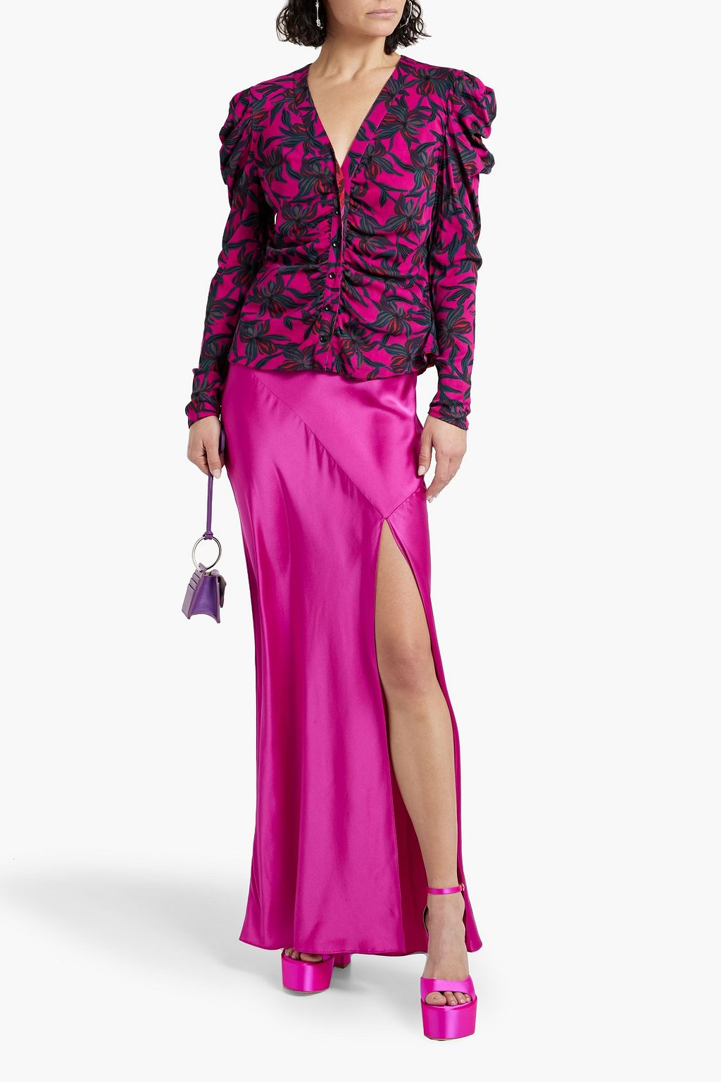 DIANE VON FURSTENBERG 리버서블 루쉬 장식 프린트 스트레치 메쉬 블라우스