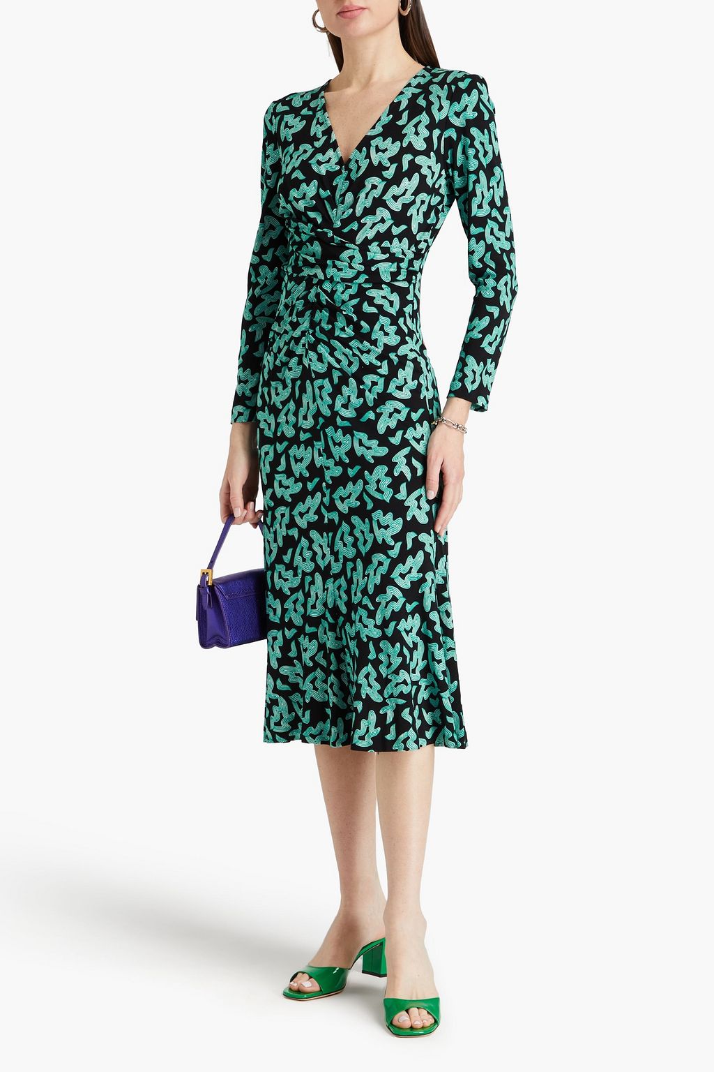DIANE VON FURSTENBERG 드레이프 디테일 프린트 저지 미디 드레스