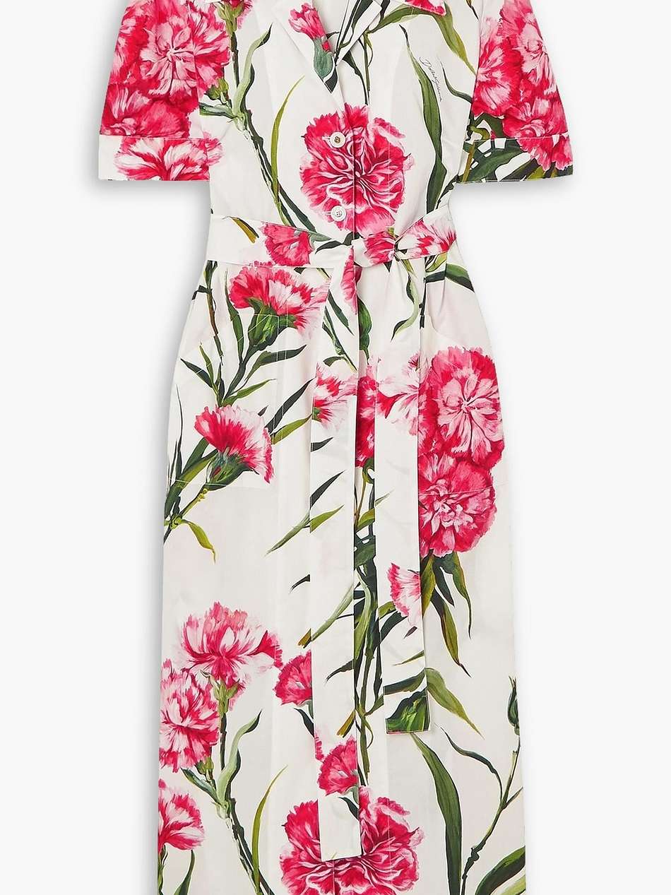 belted floral-print cotton-poplin midi shirt dress