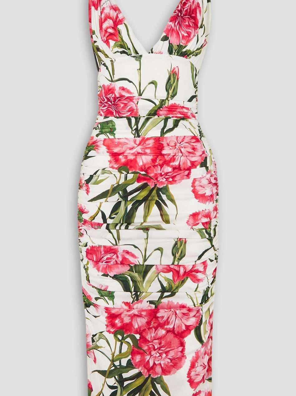 ruched floral-print stretch-silk midi dress