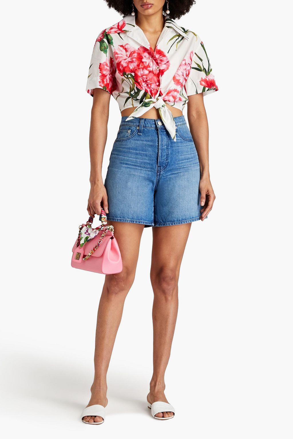 DOLCE&GABBANA Cropped tie-front floral-print cotton-poplin shirt
