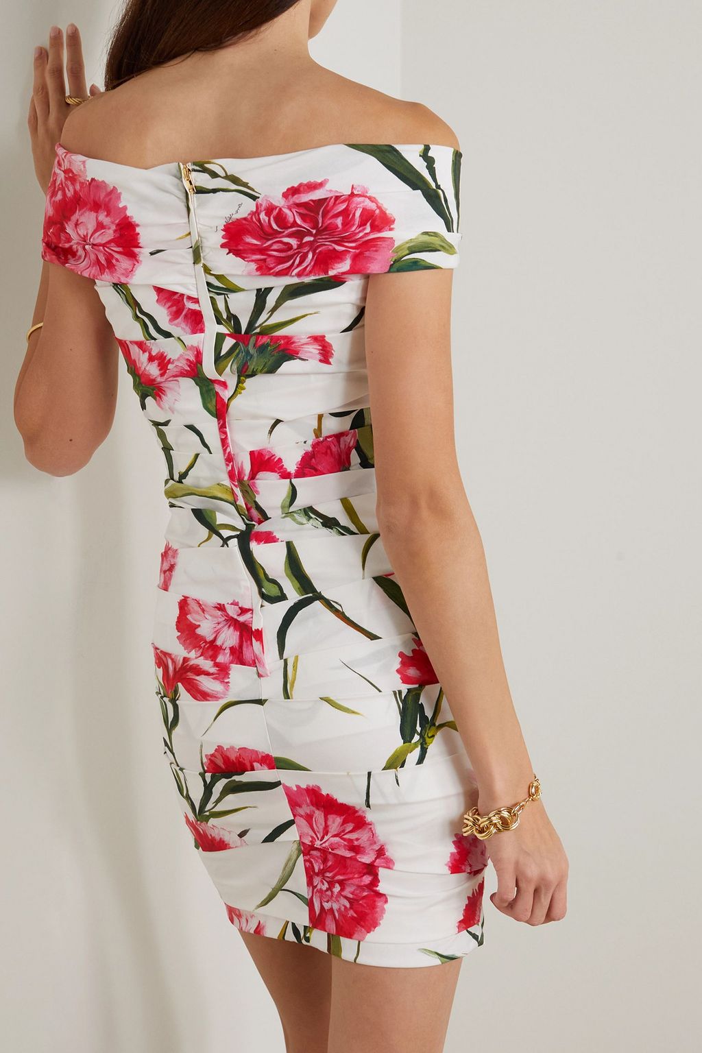 DOLCE&GABBANA Ruched off-the-shoulder floral-print stretch-cotton mini dress
