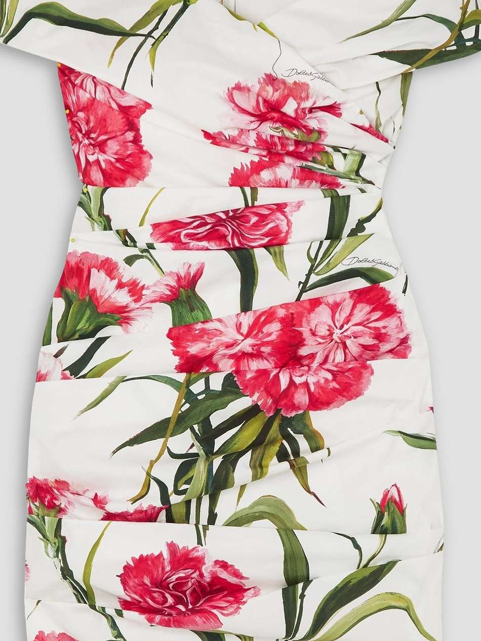 ruched off-the-shoulder floral-print stretch-cotton mini dress
