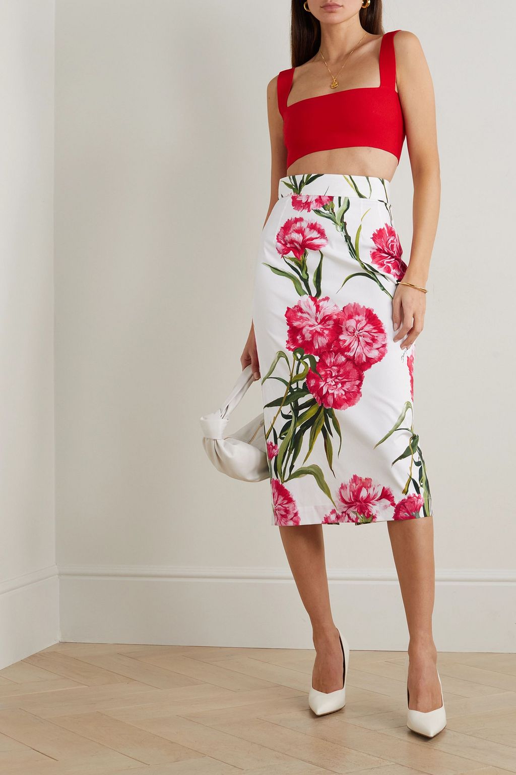 DOLCE&GABBANA Floral-print cotton-blend poplin midi skirt