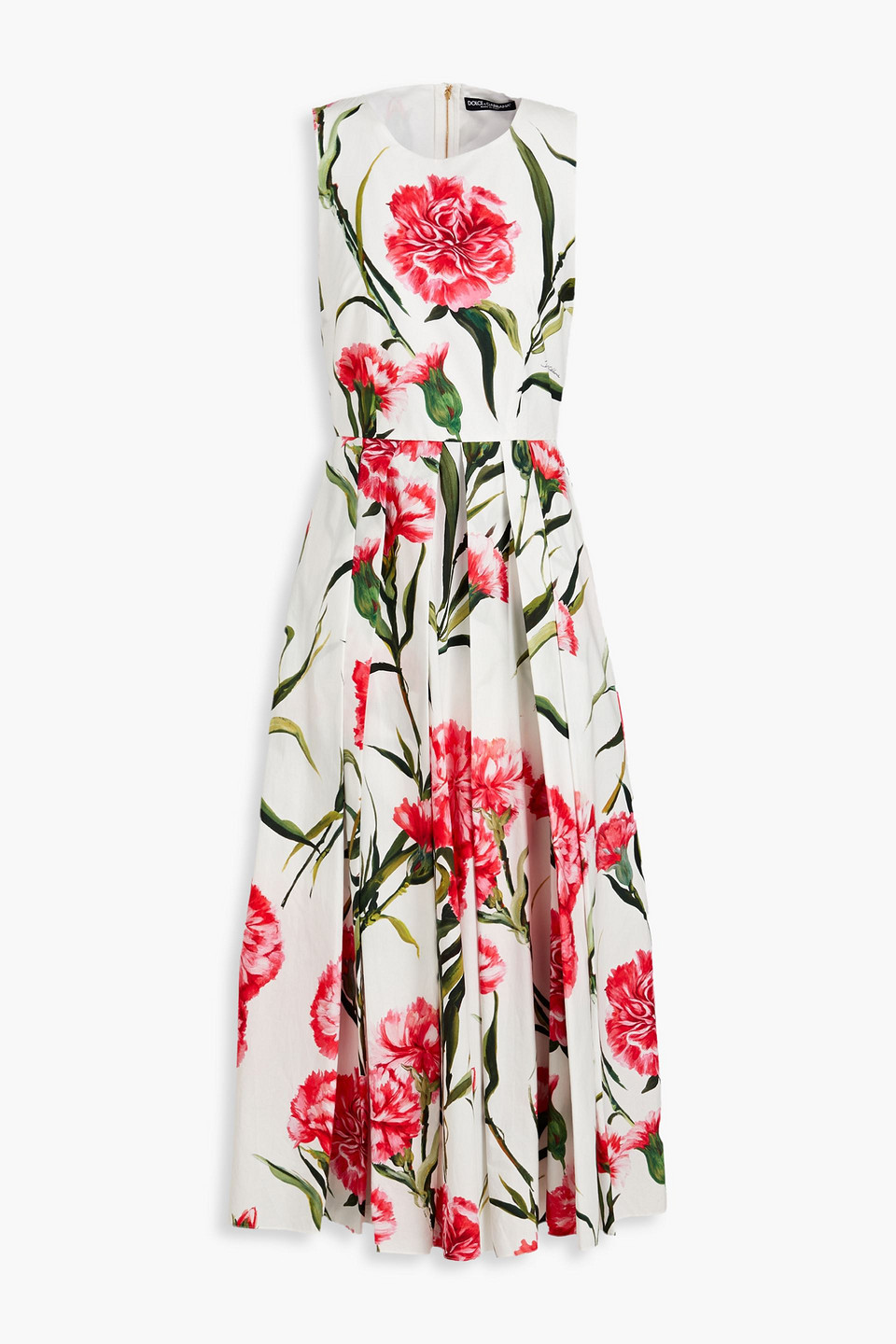 Dolce & Gabbana Carnation Print Sleeveless Cotton Fit & Flare Dress In Coral