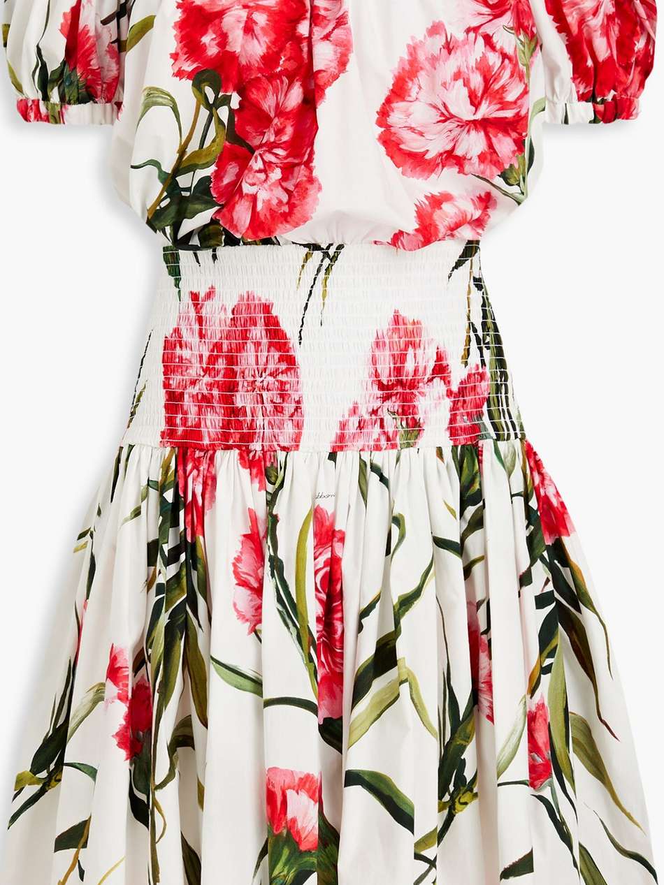 off-the-shoulder shirred floral-print cotton mini dress