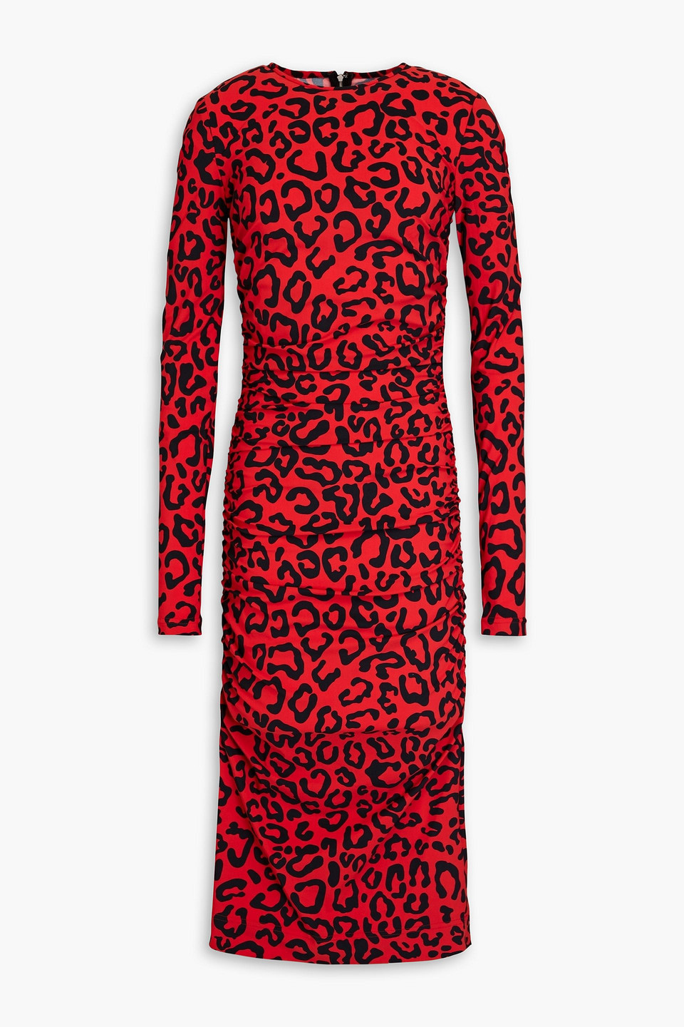 Dolce & Gabbana Leopard Print Ruched Midi Dress In Red