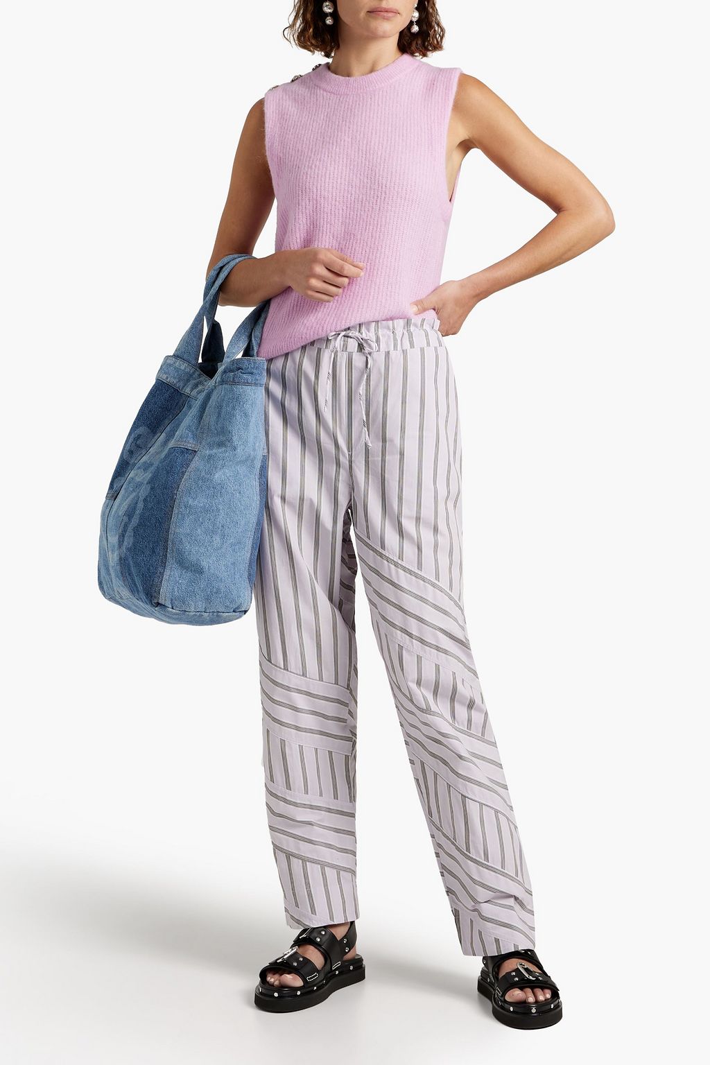 GANNI Striped cotton-poplin straight-leg pants