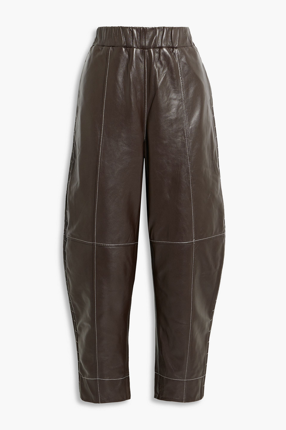 Ganni Womens Mole Tapered Topstitched Leather Trousers 8 In Chocolate