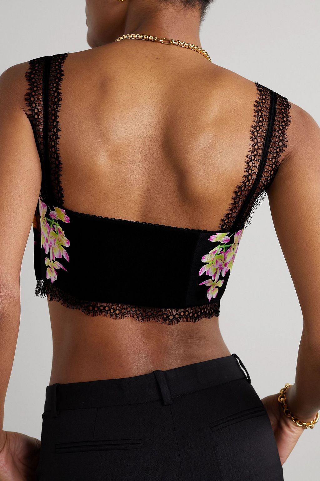 VERSACE Lace-trimmed printed silk-twill bralette