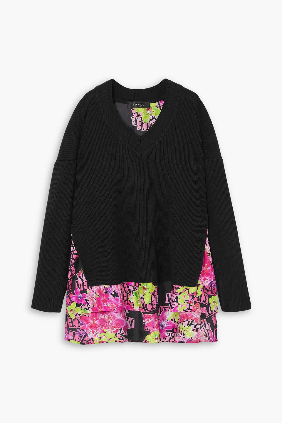 versace - oversized silk-trimmed layered ribbed wool sweater - black - it 38