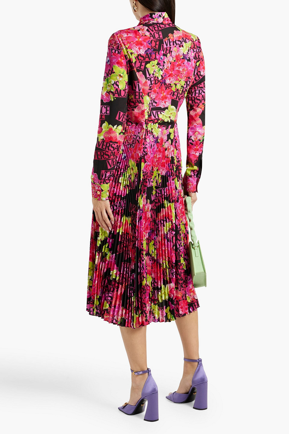 Shop Versace Pleated Printed Crepe Midi Dress In Fuchsia