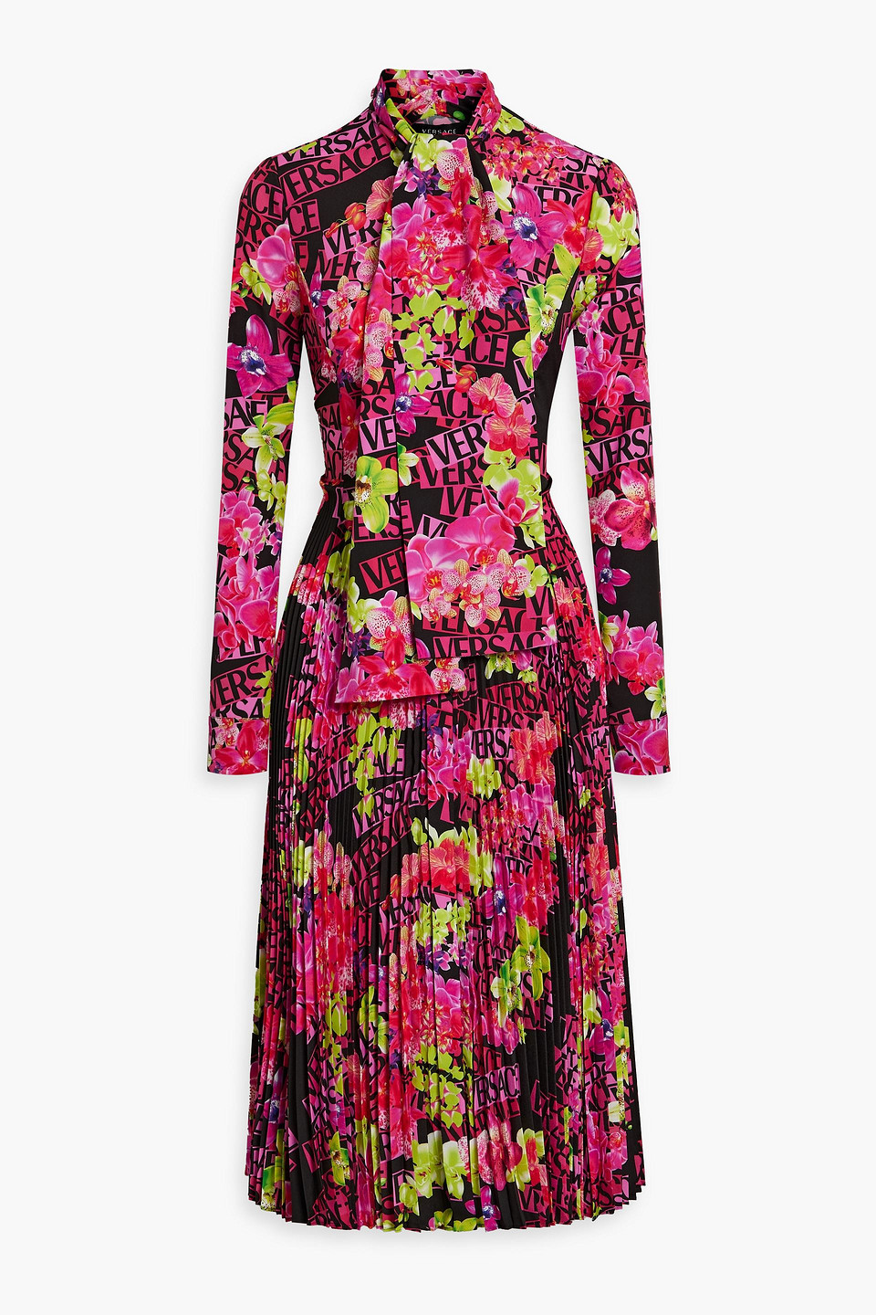 Versace Pleated Printed Crepe Midi Dress In Fuchsia