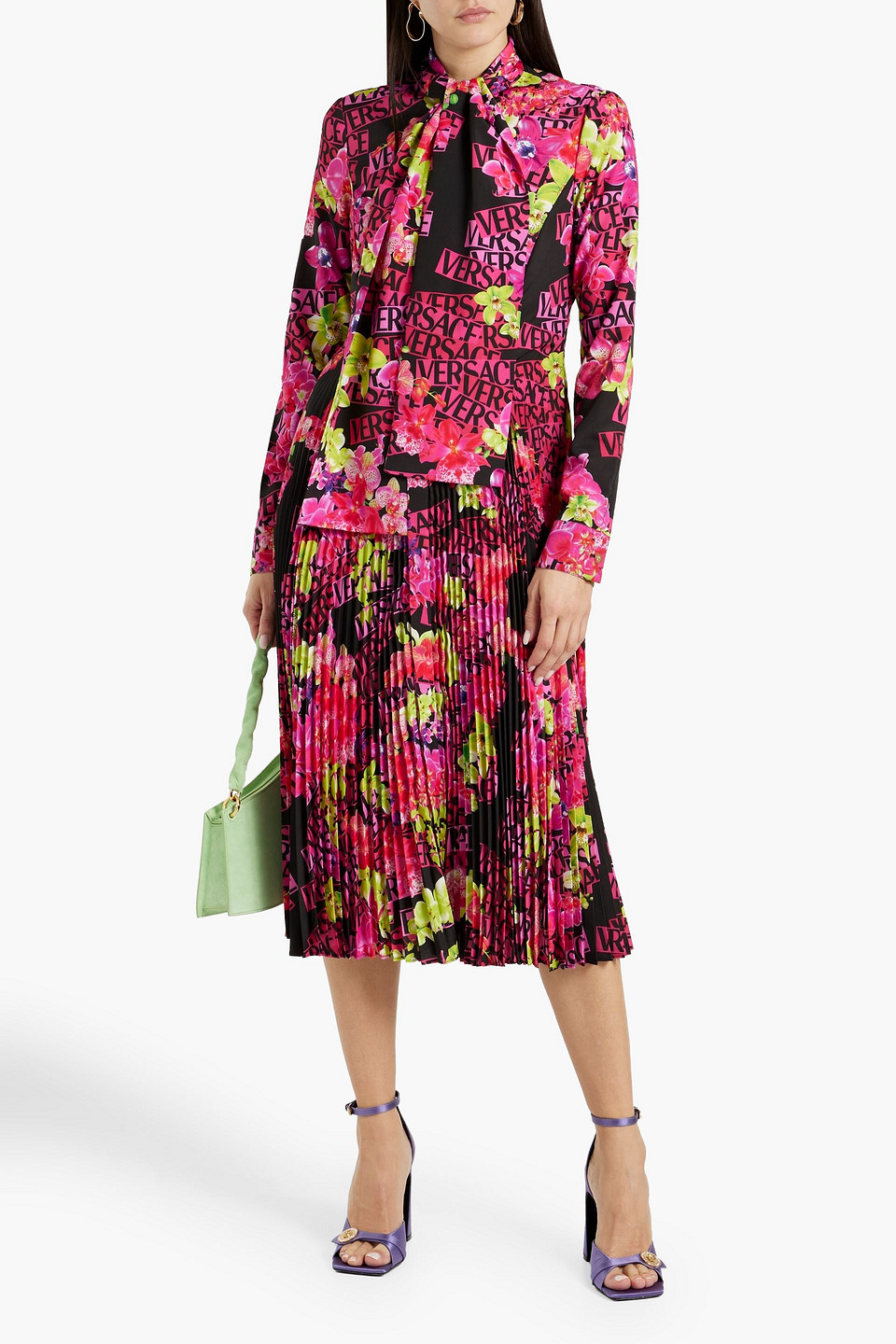 Shop Versace Pleated Printed Crepe Midi Dress In Fuchsia