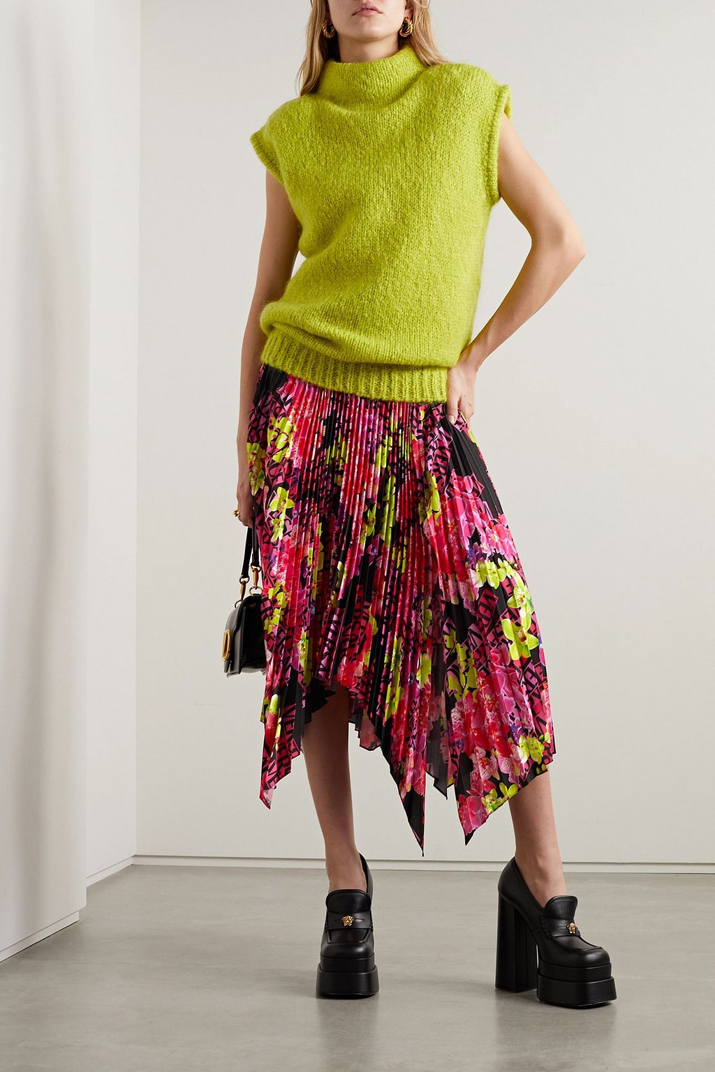 VERSACE Pleated printed crepe de chine skirt