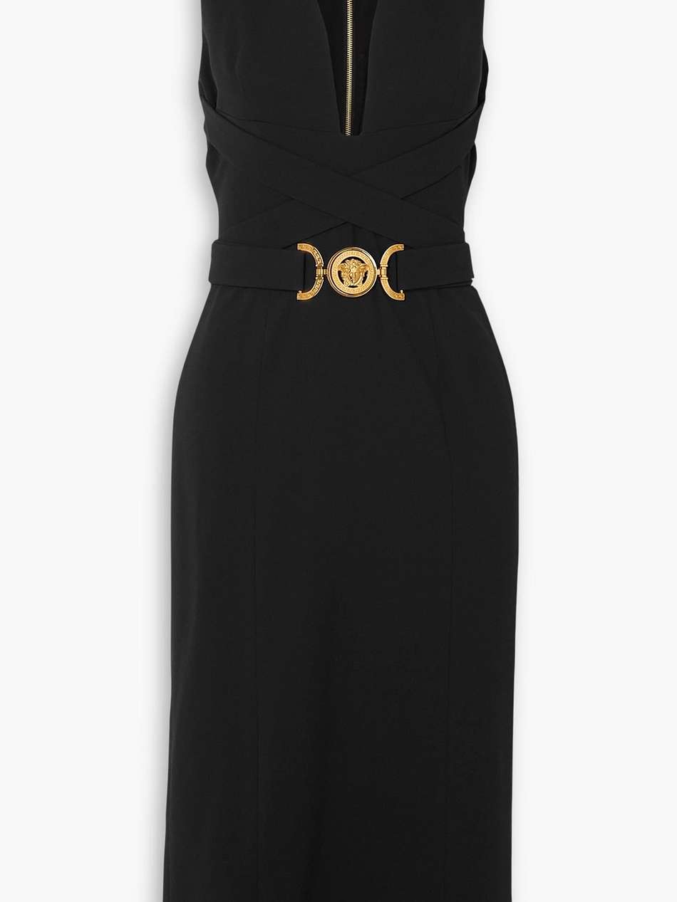 belted crepe midi dress