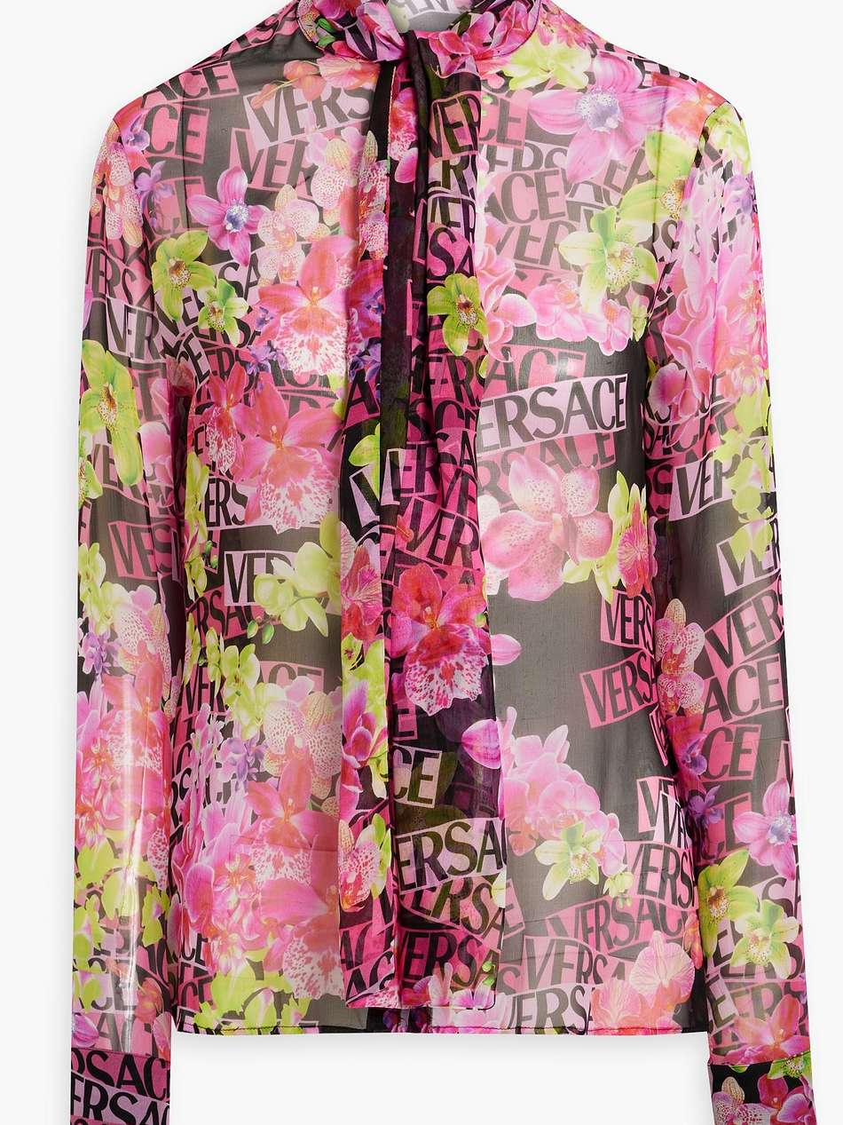 pussy-bow printed silk-chiffon blouse