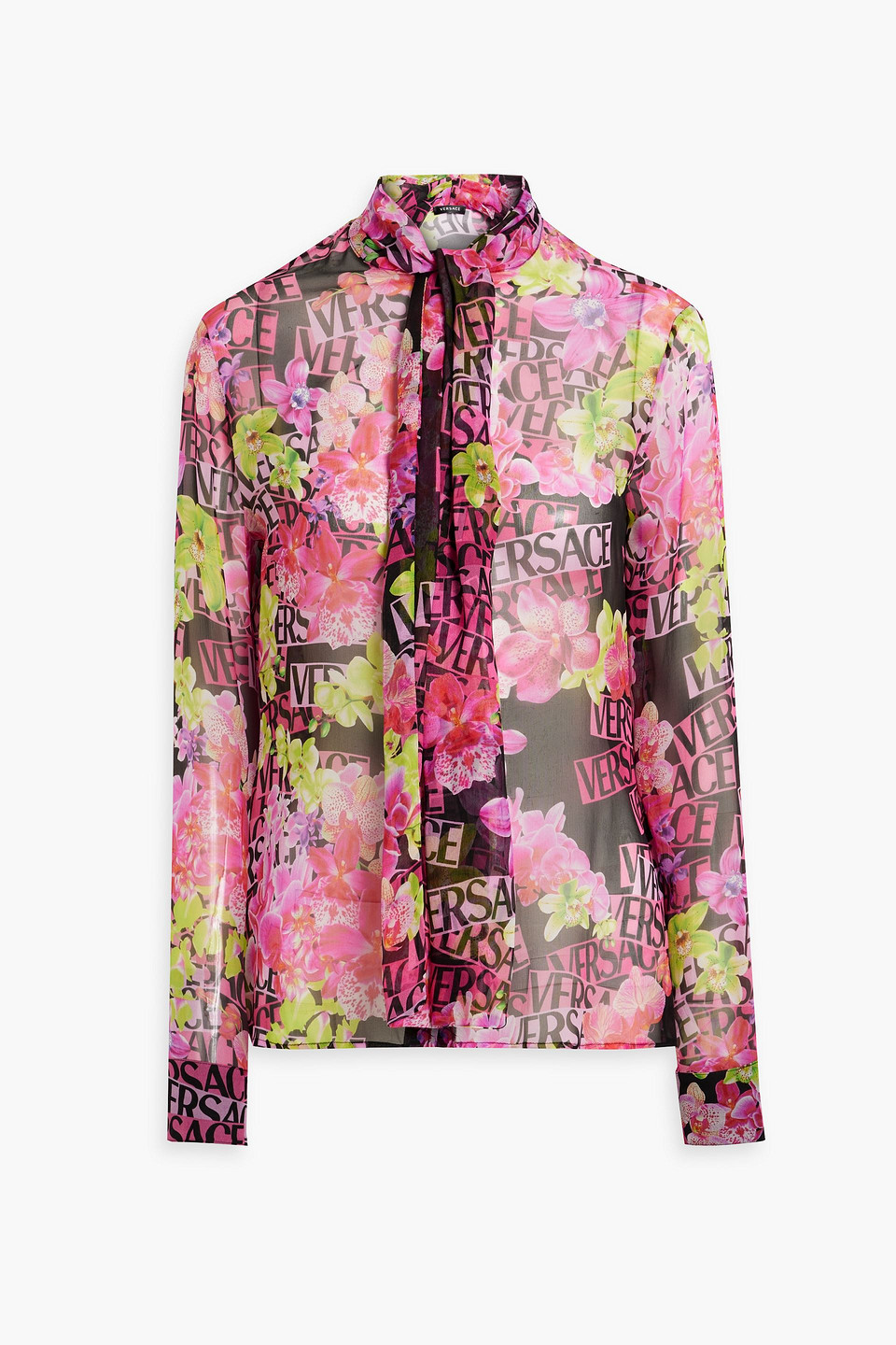 Shop Versace Pussy-bow Printed Silk-chiffon Blouse In Fuchsia