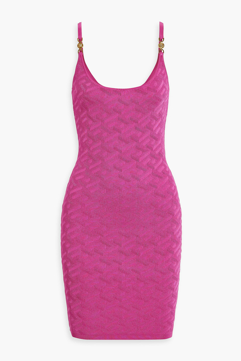 Shop Versace Embellished Jacquard-knit Mini Dress In Fuchsia