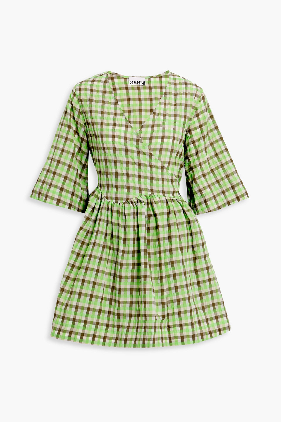 ganni - checked cotton-blend seersucker mini wrap dress - green - s
