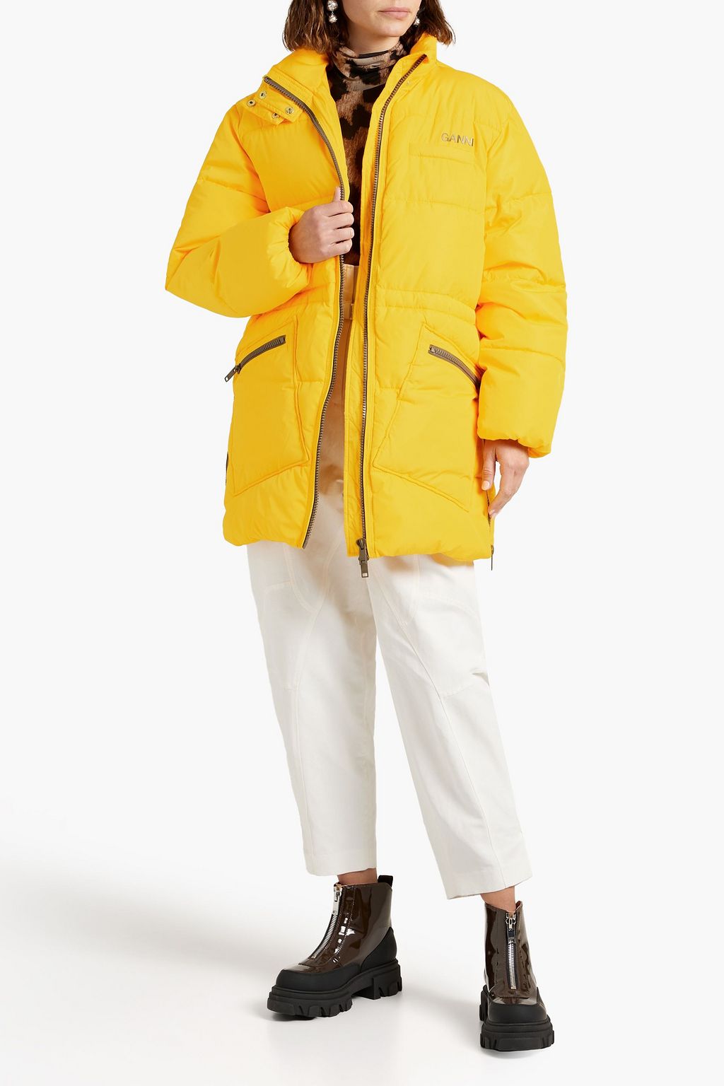 GANNI Zip-detailed quilted shell hooded down coat