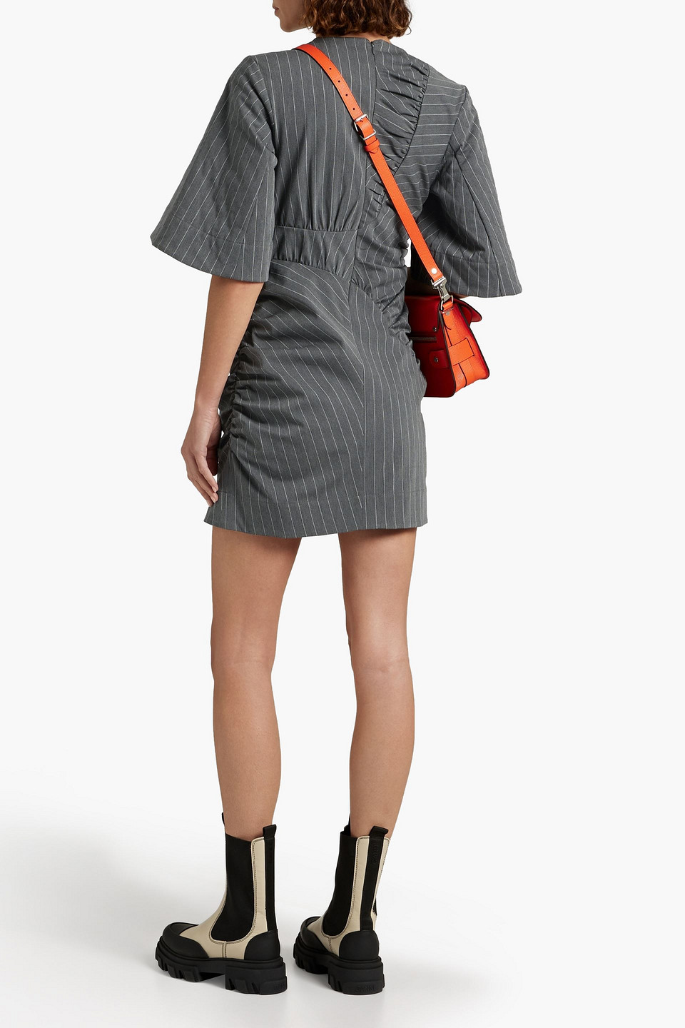 Shop Ganni Ruched Pinstriped Stretch-jacquard Mini Dress In Anthracite