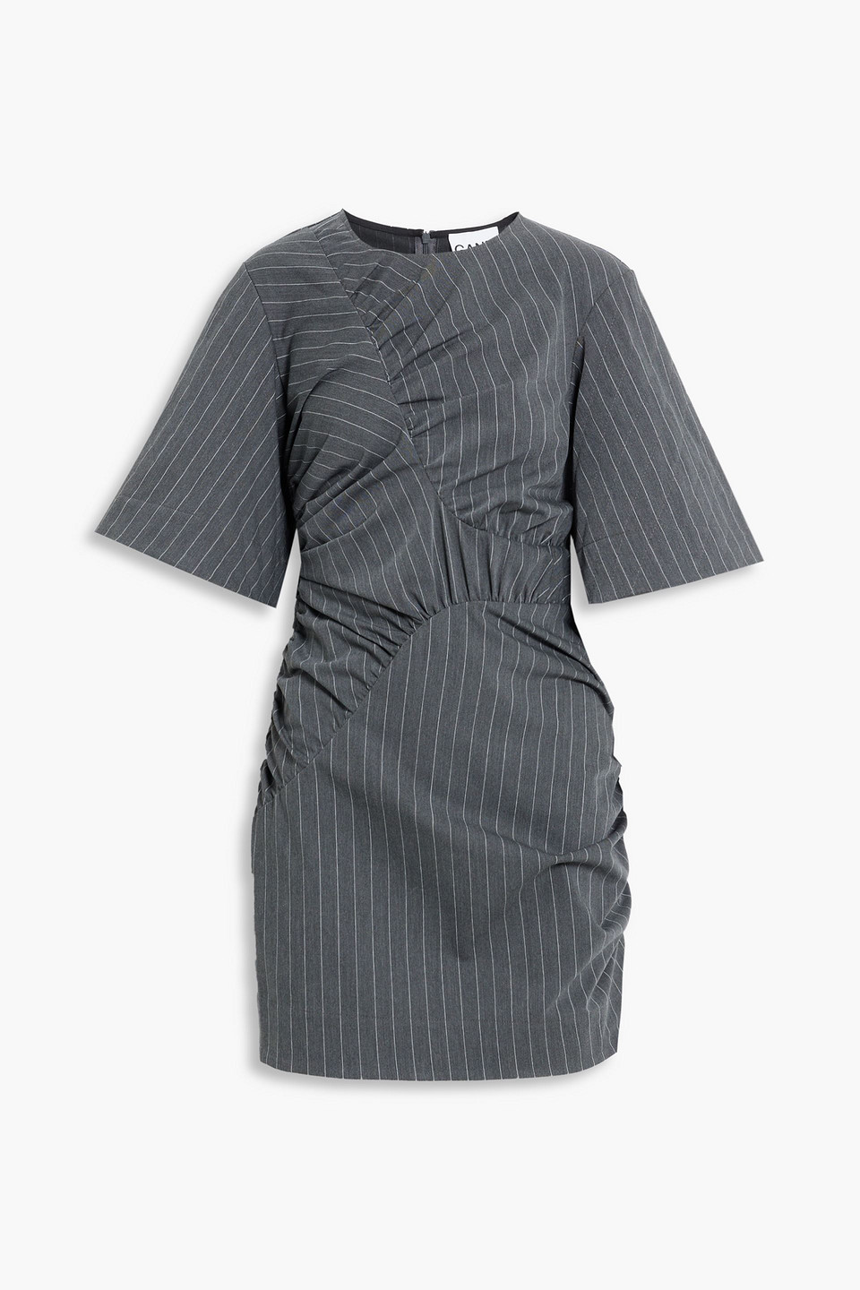 Shop Ganni Ruched Pinstriped Stretch-jacquard Mini Dress In Anthracite