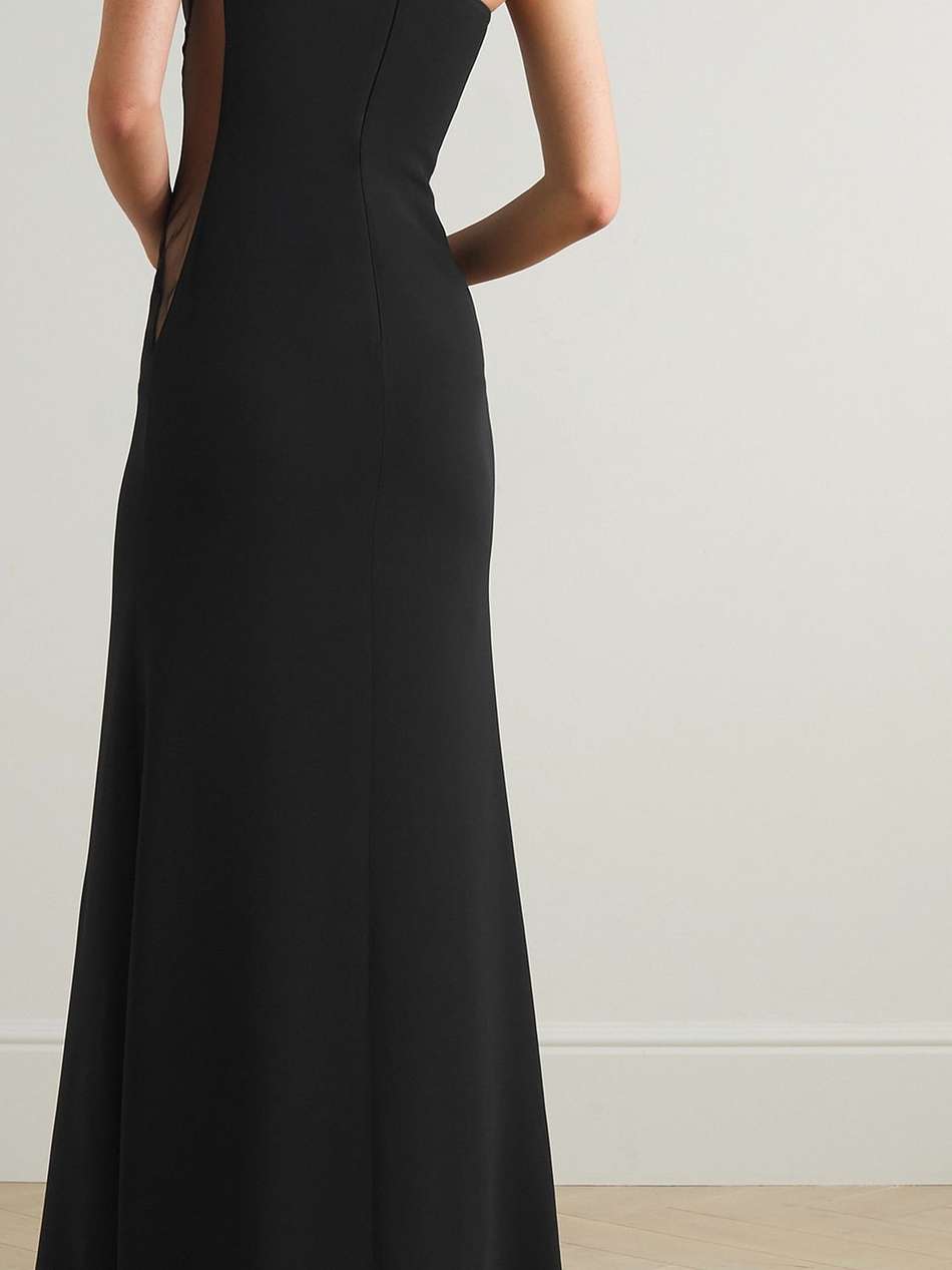 one-shoulder tulle-paneled stretch-cady gown