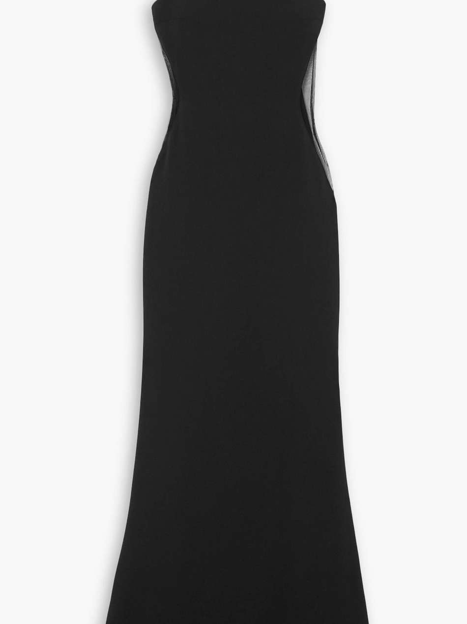 one-shoulder tulle-paneled stretch-cady gown