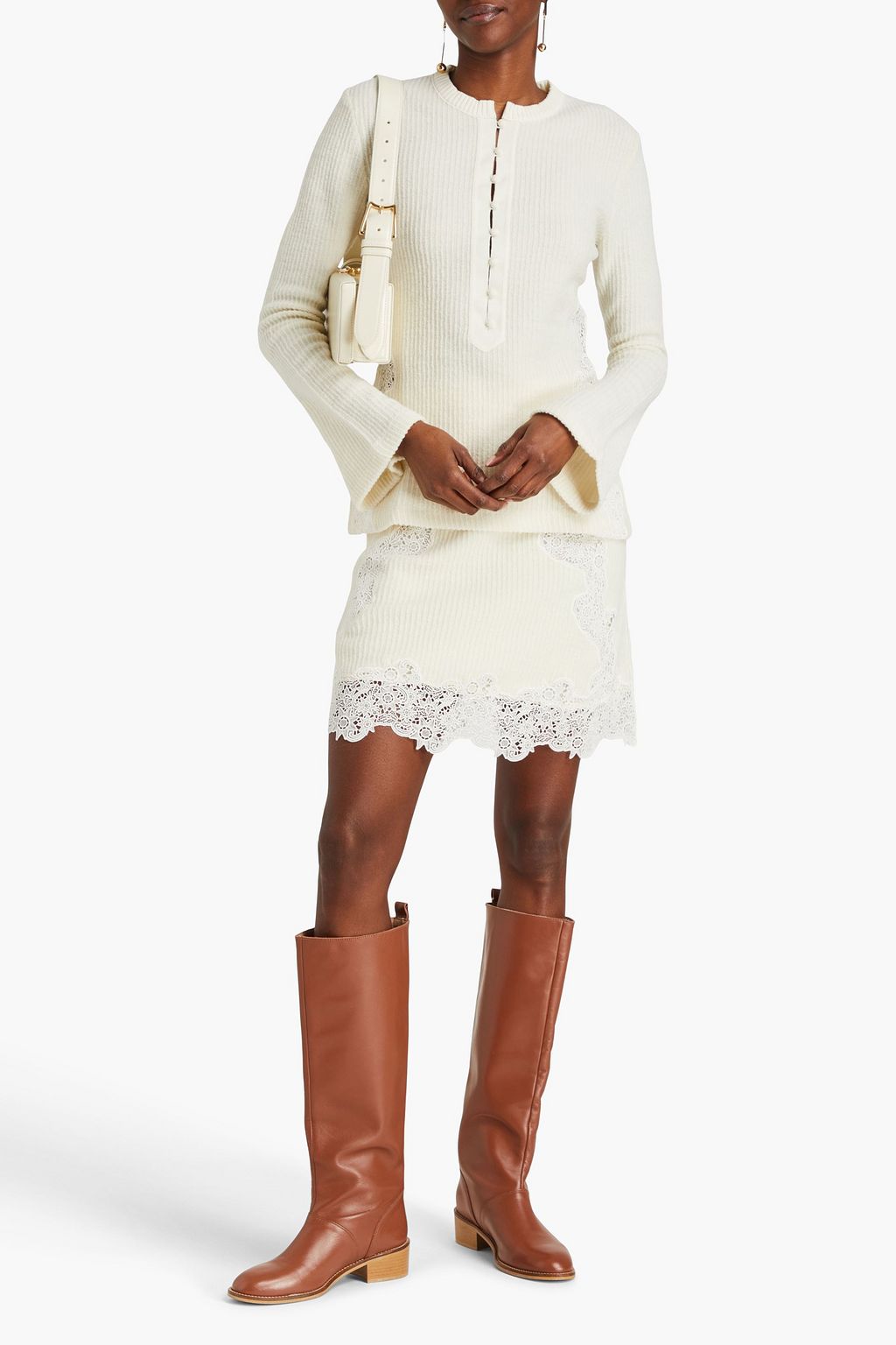 CHLOÉ Guipure lace-trimmed ribbed wool sweater