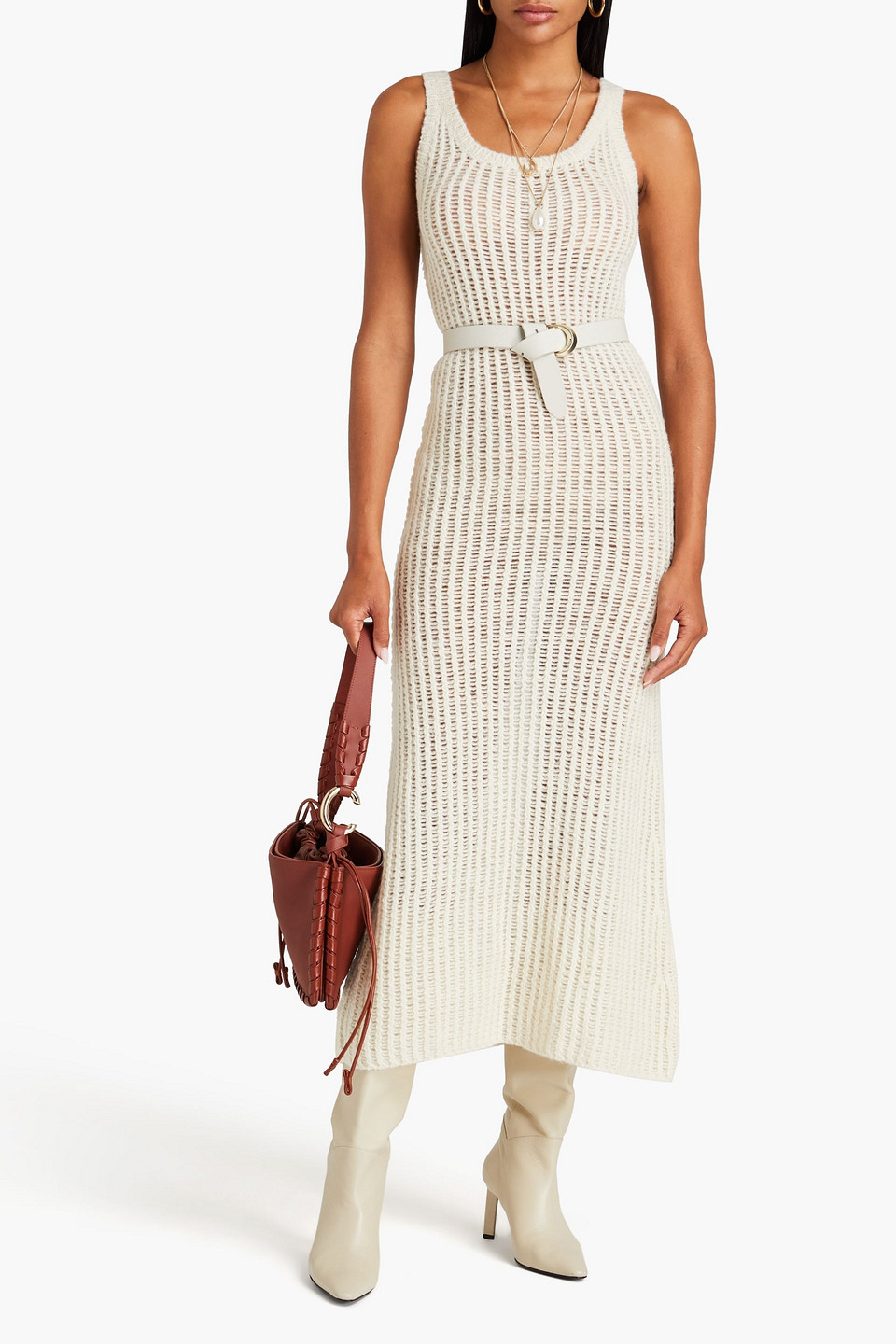 Chloé Open-knit Wool, Silk And Cashmere-blend Midi Dress In Elfenbein