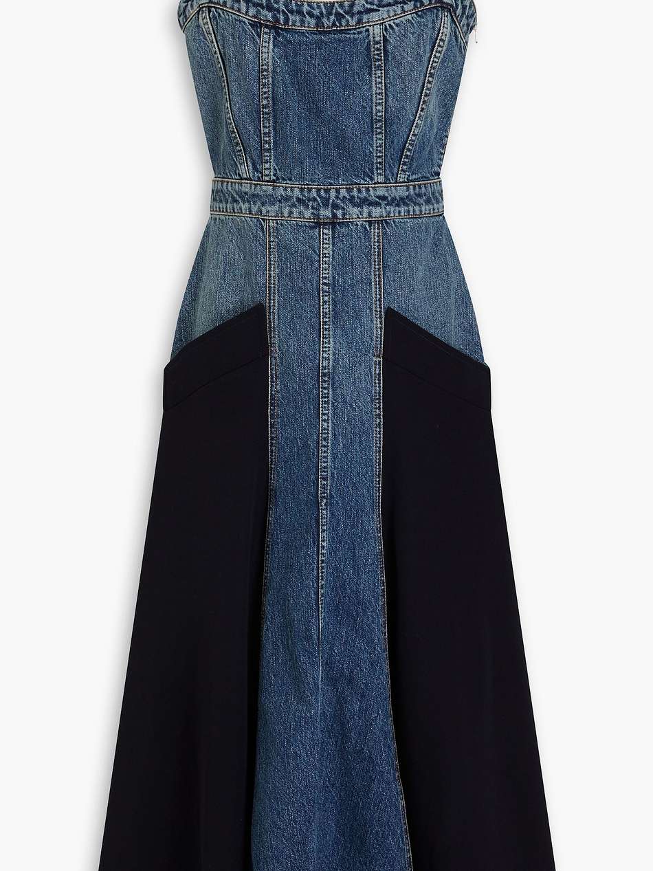 twill-paneled denim midi dress