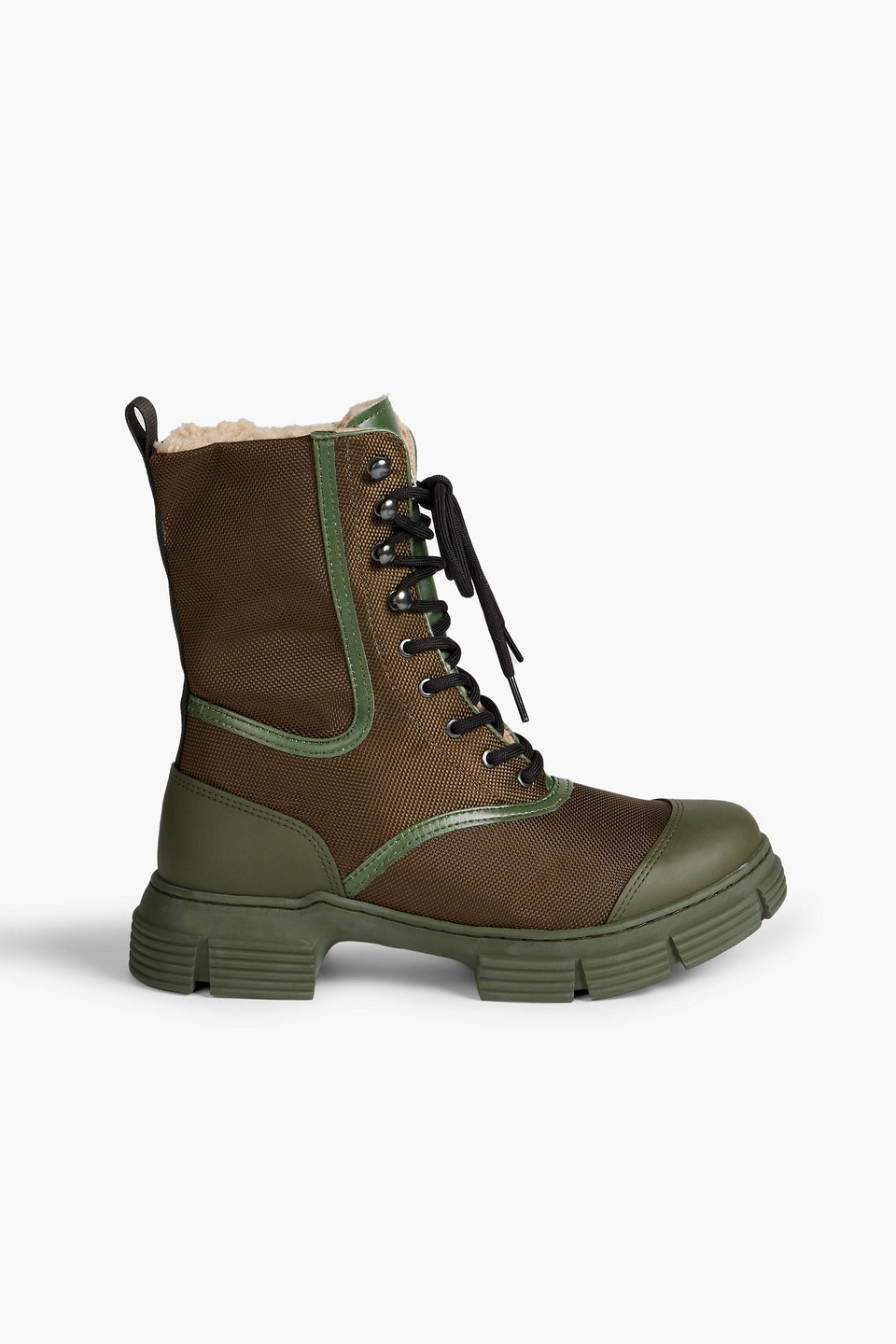 Ganni Tubular Rubber And Leathertrimmed Shell Combat Boots In Army